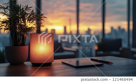 A cozy psychologist's office, no people, warm and inviting atmosphere. In the foreground, a wooden desk with a glowing table lamp casting a soft warm light. 121468494