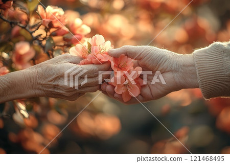 Close-up of elderly hands of man and woman holding pink delicate flowers,Valentine's Day 121468495