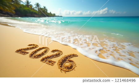 Year 2026 written in sand on a beautiful beach under a clear blue sky 121468496