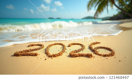 Beach sandy writing of the year 2026 near the ocean under a clear blue sky with gentle waves 121468497