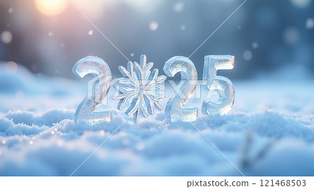 Ice figures of 2025 with a snowflake placed in a winter landscape at sunrise Ice figures of 2025 with a snowflake placed in a winter landscape at sunrise 121468503
