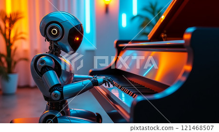 Robot plays piano in a modern room with colorful lighting and plants 121468507