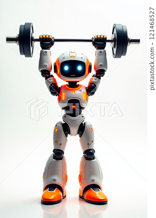 Robot lifting weights in a fitness setting showcasing strength and technology 121468527