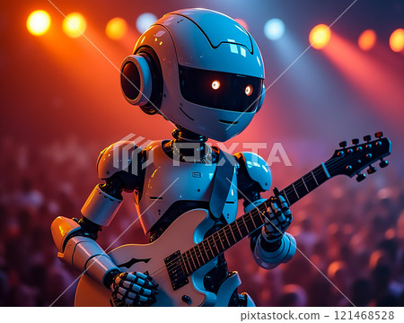 Robot musician performing on stage at a lively concert showcasing digital art and vibrant audience engagement Robot musician performing on stage at a lively concert showcasing digital art and vibrant audience engagement 121468528