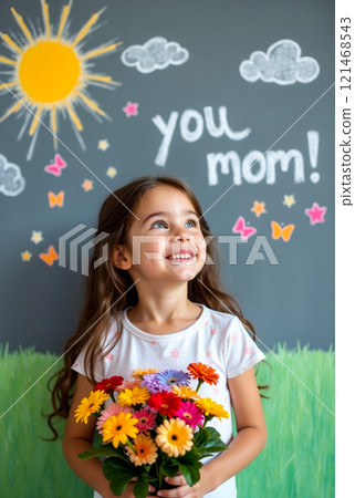 Young girl holds a vibrant bouquet of flowers, smiling with joy in front of a colorful chalkboard background 121468543