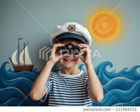 Young boy in sailor outfit using binoculars with ocean mural and sunny backdrop in a playful setting 121468553