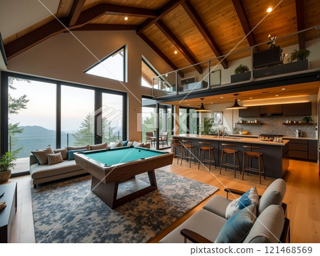 Modern mountain retreat interior with a pool table and stunning views of nature Modern mountain retreat interior with a pool table and stunning views of nature 121468569