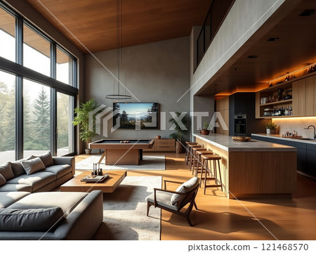 Modern living room with open kitchen and large windows showcasing natural light and stylish furnishings Modern living room with open kitchen and large windows showcasing natural light and stylish furnishings 121468570