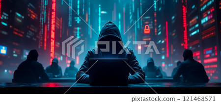 Hacker working at night surrounded by glowing neon lights and digital screens in a futuristic city 121468571