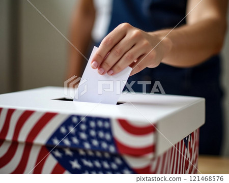 Voter casting ballot in American election at polling station during election day 121468576