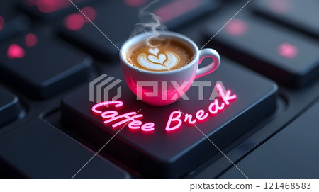 Coffee break concept with a coffee cup on a computer keyboard highlighting relaxation and productivity 121468583