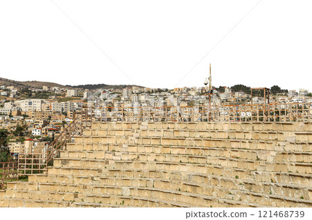 Amphitheater in Jerash (Gerasa of Antiquity), capital and largest city of Jerash Governorate, Jordan. Carved on white background 121468739