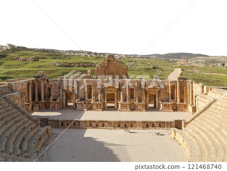 Amphitheater in Jerash (Gerasa of Antiquity), capital and largest city of Jerash Governorate, Jordan. Carved on white background 121468740