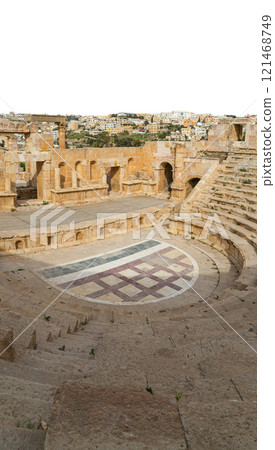 Amphitheater in Jerash (Gerasa of Antiquity), capital and largest city of Jerash Governorate, Jordan. Carved on white background Amphitheater in Jerash (Gerasa of Antiquity), capital and largest city of Jerash Governorate, Jordan. Carved on white background 121468749