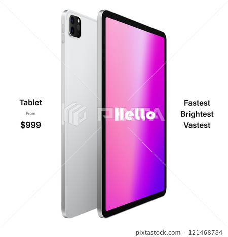 tablet silver color with colored touch screen saver and backside view isolated on white background. mockup of realistic and detailed device. vector 3d isometric illustration 121468784