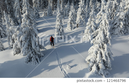 Aerial view of ski touring man crossing winter mountains, fresh snow. 121468796