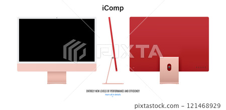 computer monitor pink color with black screen saver front, back and side view isolated on white background. realistic and detailed mockup of display for system unit. stock vector illustration 121468929