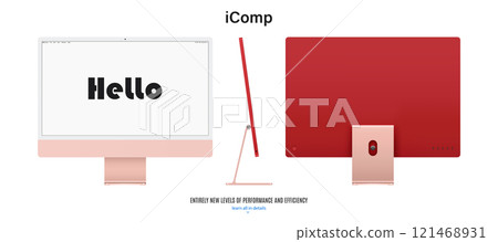 computer monitor pink color with blank screen saver front, back and side view isolated on white background. realistic and detailed mockup of display for system unit. stock vector illustration 121468931