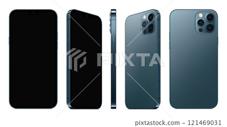 smartphone blue color with black touch screen saver isolated on white background. mockup of realistic and detailed mobile phone. stock vector 3d isometric illustration 121469031