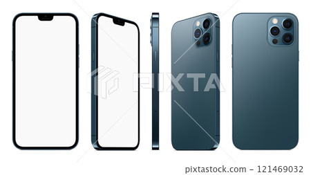 smartphone blue color with blank touch screen saver isolated on white background. mockup of realistic and detailed mobile phone. stock vector 3d isometric illustration 121469032