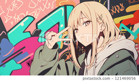 動漫風格的女孩和塗鴉背景AI 121469056