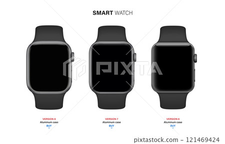 smart watch set in an aluminum case with silicone band isolated on white background. front view gray wrist clock with touch screen and sports strap. vector illustration smart watch set in an aluminum case with silicone band isolated on white background. front view gray wrist clock with touch screen and sports strap. vector illustration 121469424