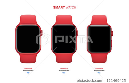 smart watch set in an aluminum case with silicone band isolated on white background. front view red wrist clock with touch screen and sports strap. vector illustration smart watch set in an aluminum case with silicone band isolated on white background. front view red wrist clock with touch screen and sports strap. vector illustration 121469425