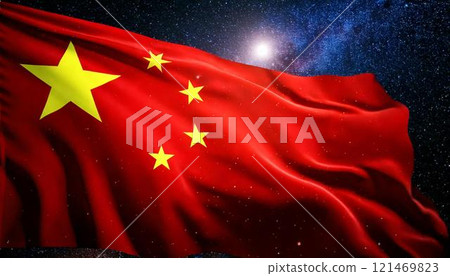 A close-up of the Chinese flag fluttering against the backdrop of space. CG illustration 121469823