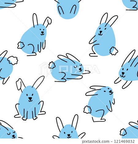 Cute Easter seamless pattern with blue rabbits. Cute egg shaped doodle bunnies. Wallpaper, fabric, background, wrapping paper template Cute Easter seamless pattern with blue rabbits. Cute egg shaped doodle bunnies. Wallpaper, fabric, background, wrapping paper template 121469832