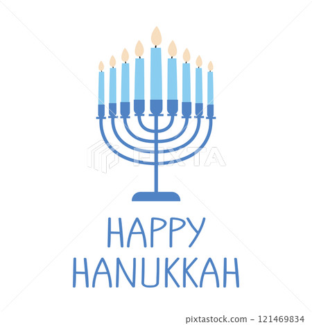 A cute Hanukkah celebration banner. Blue menorah with nine candles and text. 121469834