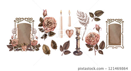 Set of vintage frame with a dark background decorated with roses with leaves, branches, coral velour heart in a pink-brown mocha mousse color. Botanical watercolor template for wedding, valentines 121469864