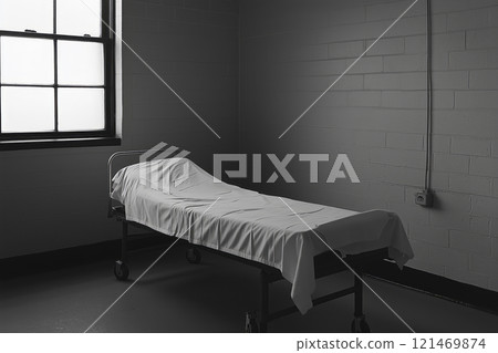 An empty hospital bed covered with a sheet stands in a hospital room An empty hospital bed covered with a sheet stands in a hospital room 121469874