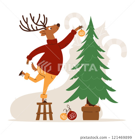 Festive cartoon of a reindeer in a cozy sweater standing on a stool to decorate a Christmas tree with ornaments. Reindeer Decorating Christmas Tree Illustration 121469899