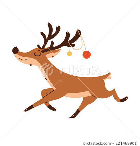 Cheerful cartoon reindeer with festive ornaments hanging from its antlers, symbolizing Christmas joy and holiday celebration. Festive Cartoon Reindeer with Ornaments Cheerful cartoon reindeer with festive ornaments hanging from its antlers, symbolizing Christmas joy and holiday celebration. Festive Cartoon Reindeer with Ornaments 121469901