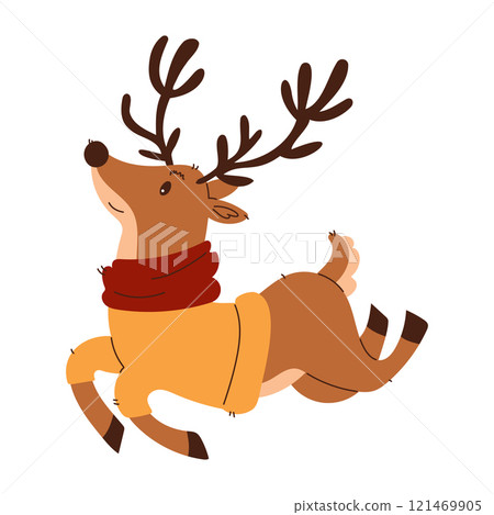 Illustration of a playful reindeer dressed in a yellow sweater and red scarf, leaping joyfully, in a festive holiday style. Cute Reindeer Wearing Sweater and Scarf 121469905