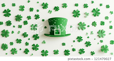 Decorative clover leaves, green hat on white background, flat lay. St. Patrick's Day celebration. Card Happy St. Patrick's Day. Decorative clover leaves, green hat on white background, flat lay. St. Patrick's Day celebration. Card Happy St. Patrick's Day. 121470027