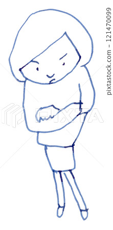 A woman standing with her arms folded, overhead line drawing illustration handwritten_ fountain pen blue-black dye ink A woman standing with her arms folded, overhead line drawing illustration handwritten_ fountain pen blue-black dye ink 121470099