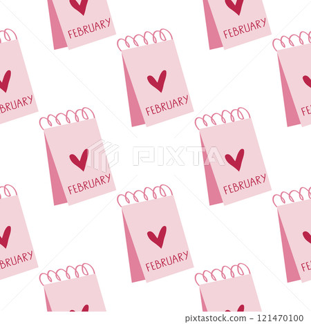 Cute Saint Valentine's Day seamless pattern. A holiday print with pink calendar with February 14 date on. Cute Saint Valentine's Day seamless pattern. A holiday print with pink calendar with February 14 date on. 121470100