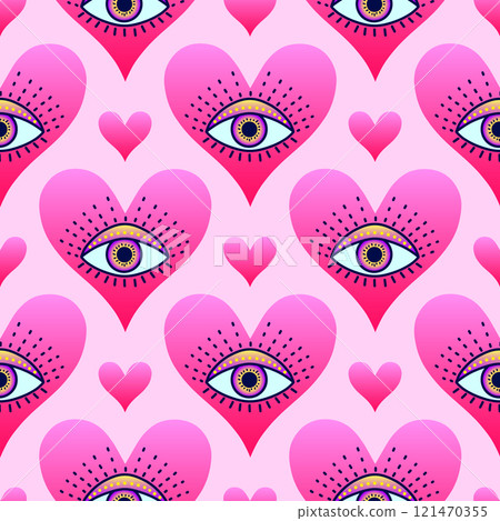 Seamless pattern featuring mystical eyes within pink gradient hearts Seamless pattern featuring mystical eyes within pink gradient hearts 121470355