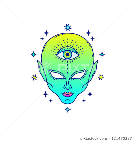 Alien face with third eye in neon green and blue tones, surrounded by stars. Alien face with third eye in neon green and blue tones, surrounded by stars. 121470357