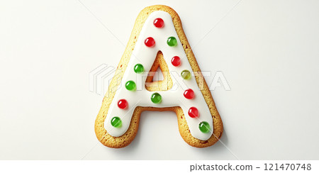 Letter A made made from baked cookie with green and red jelly balls isolated on white background 121470748