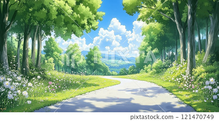 卡通树林中的一条小路插画背景 121470749