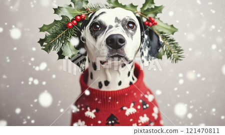Dalmatian in festive sweater with holly wreath in snowfall Dalmatian in festive sweater with holly wreath in snowfall 121470811