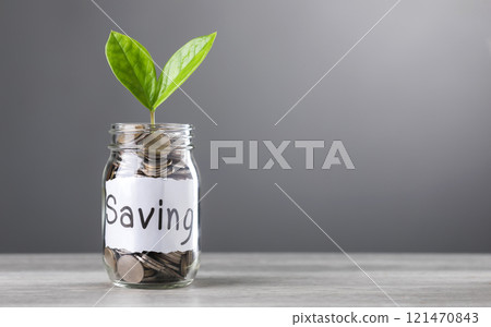 Glass jar filled with coins and a small sprout growing in the center, labeled 'Saving,' placed on a table against a gray background, symbolizing financial growth and future planning Glass jar filled with coins and a small sprout growing in the center, labeled 'Saving,' placed on a table against a gray background, symbolizing financial growth and future planning 121470843