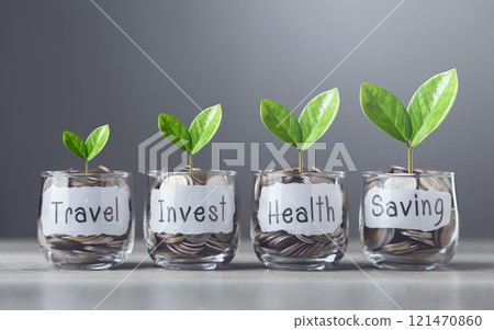 Glass jar filled with coins and a sprout growing from the center, labeled "Travel," "Invest," "Health," and "Saving," symbolizes diverse financial goals, growth, and a balanced approach to future Glass jar filled with coins and a sprout growing from the center, labeled "Travel," "Invest," "Health," and "Saving," symbolizes diverse financial goals, growth, and a balanced approach to future 121470860