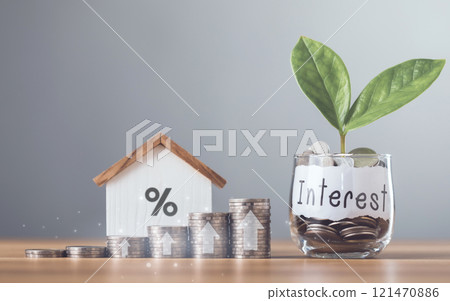 Stacks of coins arranged in ascending order with a small house model placed on a table, Home loan interest, mortgage refinancing, saving for housing, Planning for homeownership and stability 121470886