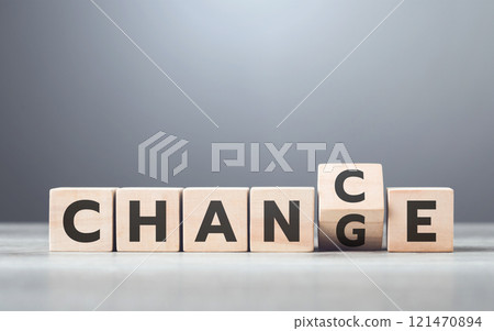 Man selects between the words 'CHANGE' and 'CHANCE' on wooden blocks, symbolizing the decision-making process and embracing opportunities for growth 121470894