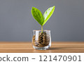 Glass jar filled with coins, with a small seedling growing in the center, placed on a table against a dark grey backdrop. The image represents the concept of saving and financial growth for future 121470901