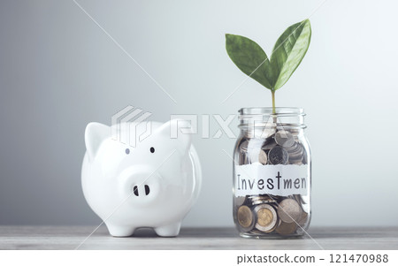 Glass jar filled with coins and a sprout labeled "Investment," placed next to a white piggy bank, Saving and investing for the future. Financial growth, long-term planning management strategies. 121470988