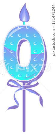 Happy Birthday cake font with blue candle. Six year, symbol of number anniversary. Quinceanera girl party decor. Cartoon vector illustration. 121471244